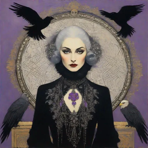 Prompt: Use style of Kees van Dongen, Omar Galliani, Sue Reno: A Gothic portrait of a pale woman with dark silver hair and violet eyes, surrounded by a circular formation of nine realistic, solemn eagles with detailed feathers. The woman is centered and wears a long lace black dress with a high neck and long sleeves. Her attire includes an intricate golden embroidery with an elaborate design. The background is a smooth, dark gradient with subtle golden elements that echo the top arch of a halo or ornate frame.