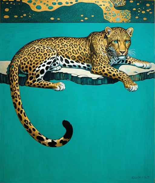 Prompt: lithograph crystal sea by gustav klimt, woman with fully body pet leopard, in the style of turquoise and bronze, luminous palette, embroidery art, isaac levitan, glittery and shiny 