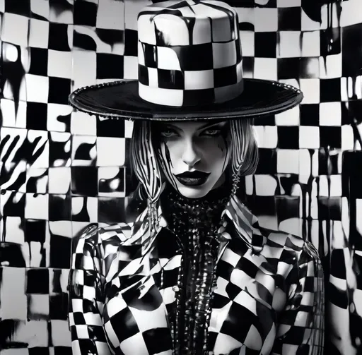 Prompt: a beautiful woman with a checkered costume wearing a checkered shirt, a fancy hat dripping paint, in the style of paint dripping technique, wet on wet painting, 8k 3d, whimsical Cyborg black and white realism, eye-catching detail, gothic futurism, porcelain finished