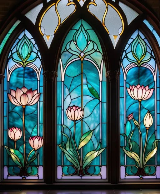 Prompt: whimsical building art nouveau a wireframe hologram of 3 stained glass windows, triptych, lotus flowers 