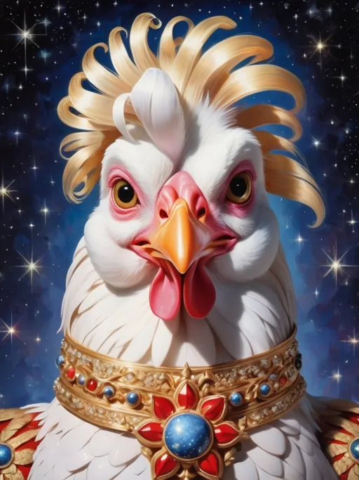 Prompt: handsome metaphorical chicken of Moscow, by Pierre et Gilles, sparklecore, starry skies 