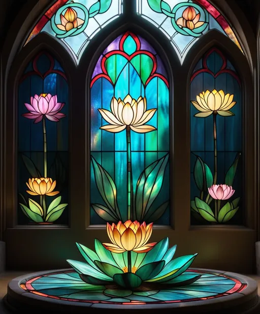 Prompt: a wireframe hologram of 3 stained glass windows, triptych, lotus flowers