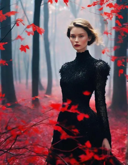 Prompt: A beautiful young lady, beautiful face, wearing opalescent black dress in a ghostly forest of white stem trees with red leaves, god rays through the tees, rim lighting, art by Mario Sorrenti,  Yves Saint-Laurent, Paolo Roversi, Thomas Edwin Mostyn, Hiro isono, James Wilson Morrice, Axel Scheffler, Gerhard Richter, pol Ledent, Robert Ryman. Guache Impasto and volumetric lighting. 3/4 portrait, Mixed media, elegant, intricate, beautiful, award winning, fantastic view, 4K 3D, high definition, hdr, focused, iridescent watercolor and ink