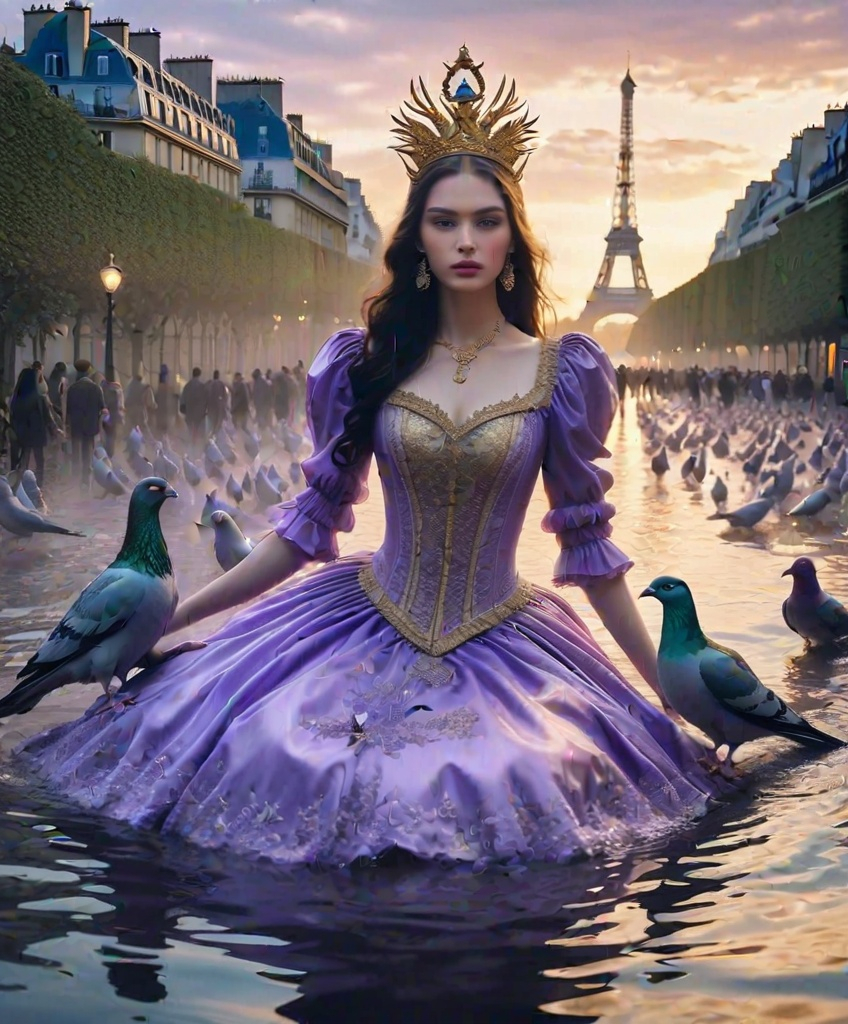 Prompt: She is underwater, fashion 🦀 flood water in paris, cat among pigeons, 🎆 ethereal fashion holy ark of covenant discovery, gold gilded details I feel (I feel) the lavender haze creepin' up on me , shimmering, photography by annie leibovitz, Ori Gherst,Animorphia - Kerby Rosanes, James christensen , 16K HD, sharp focus, attention to details 