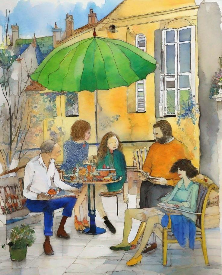 Prompt: A lovely afternoon with special joyful beautiful youthful friends style by Marie Laurenci, Sam Toft, George Condo, Leonor Fini, Deborah Azzopardi, Marc Allante, Axel Scheffler, Charles Robinson, pol Ledent, endre penovac, Gustave Loiseau. inlay, watercolors and ink, beautiful, fantastic view, extremely detailed, intricate, best quality, highest definition, rich colours. intricate beautiful, award winning fantastic view ultra detailed, 3D high definition