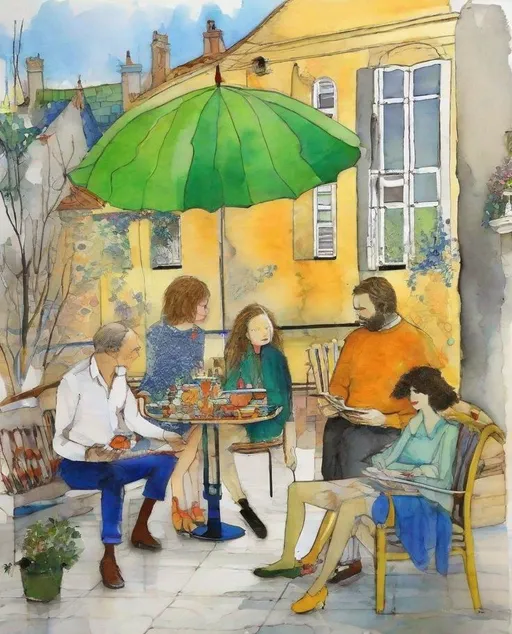 Prompt: A lovely afternoon with special joyful beautiful youthful friends style by Marie Laurenci, Sam Toft, George Condo, Leonor Fini, Deborah Azzopardi, Marc Allante, Axel Scheffler, Charles Robinson, pol Ledent, endre penovac, Gustave Loiseau. inlay, watercolors and ink, beautiful, fantastic view, extremely detailed, intricate, best quality, highest definition, rich colours. intricate beautiful, award winning fantastic view ultra detailed, 3D high definition