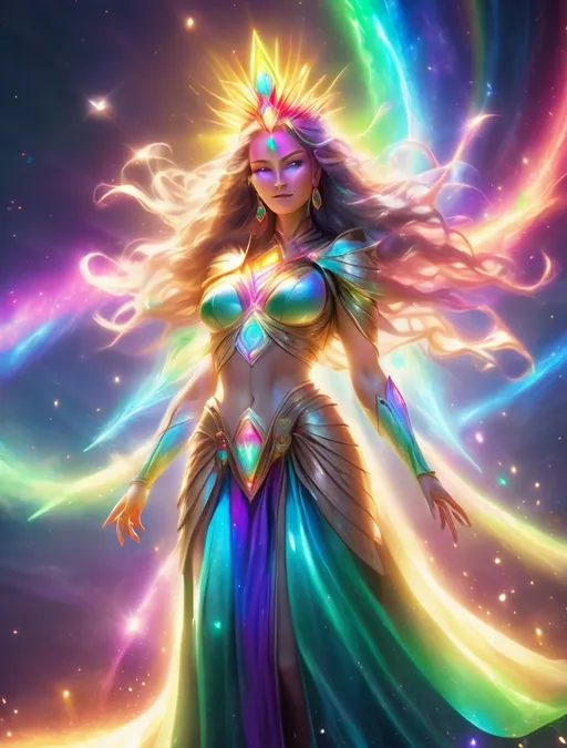 Prompt: full body shot, cinematic style, Persain empress, appearing as a goddess in glowing rainbow elytra attire, purifies humanity with her return, surrounded by a radiating quasar, sparkling, mesmerizing lighting, majestic, beautiful, digital, 8k 