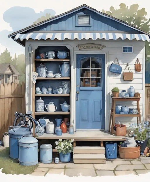 Prompt: shop garage sale illustrated by anne bolton, in the style of white and blue, nostalgic charm, mallgoth, villagecore, grit and grain, bardcore, muted 