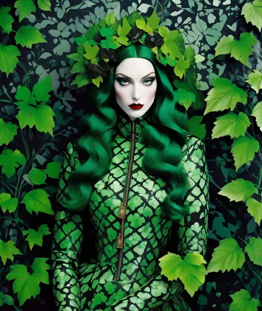 Prompt: intrigued poison ivy medieval grunge fantasy demi goddess vampire in fornasetti style, by laurie simmons