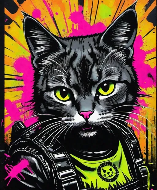 Prompt: kittycat punk pop graffititty in a iconic punk bad girls pose poster, underground euro outlaws from denmark. Surrealist art with a poppy punk dark light flavor. A mix of heavy blacks and neon. Smiles cuteness and snarls. Fantastic museum quality art illustrated hot poster. futuristic retro cool.