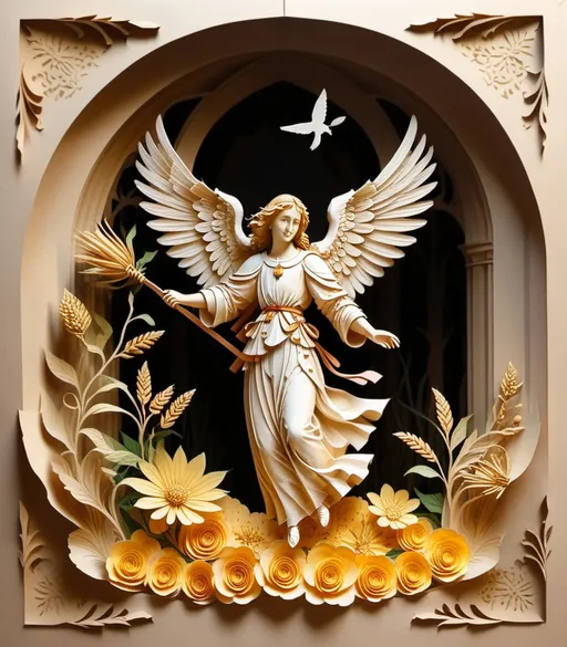 Prompt: wonderful archangel with beautiful flowers fruits and wings medieval grunge 