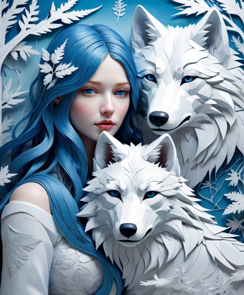 Prompt: the patchwork beautiful young lady and her loyal companion the Big white Winter wolf. paper cutout, washi paper, cardboard relief, detailed, fern leaves, Snow, by artgerm, Megan duncanson, James Jean, shaun tan, madoka magica, by kay nielsen, embossing fairy tale, whimsical, trending on artstation. Super clear resolution, elegant beautiful, lovely, best quality, beautifully lit, vray tracing, gradient chrome Blue