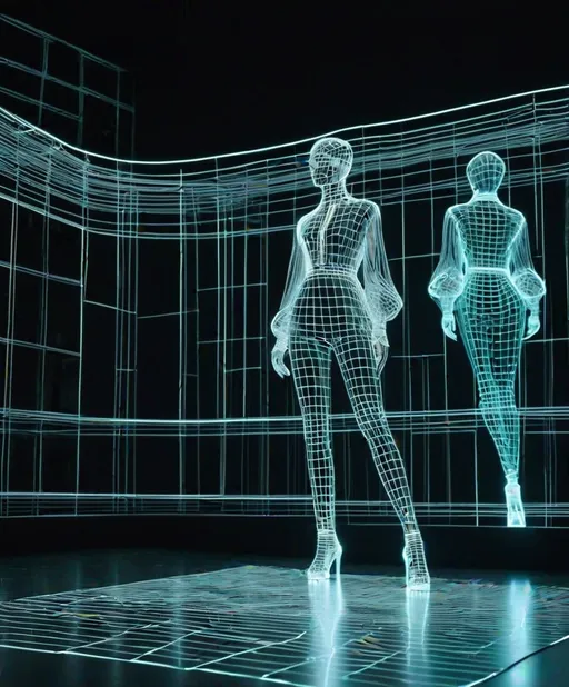 Prompt: **wireframe hologram fashion show 