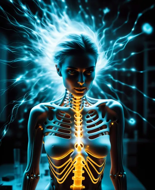Prompt: woman in a physics experiment, glowing from within as energy passes through her, at the moment of her disintegration, radioactive molecules coming apart, time-lapse motion blur, skeleton illuminated from within, translucent skin