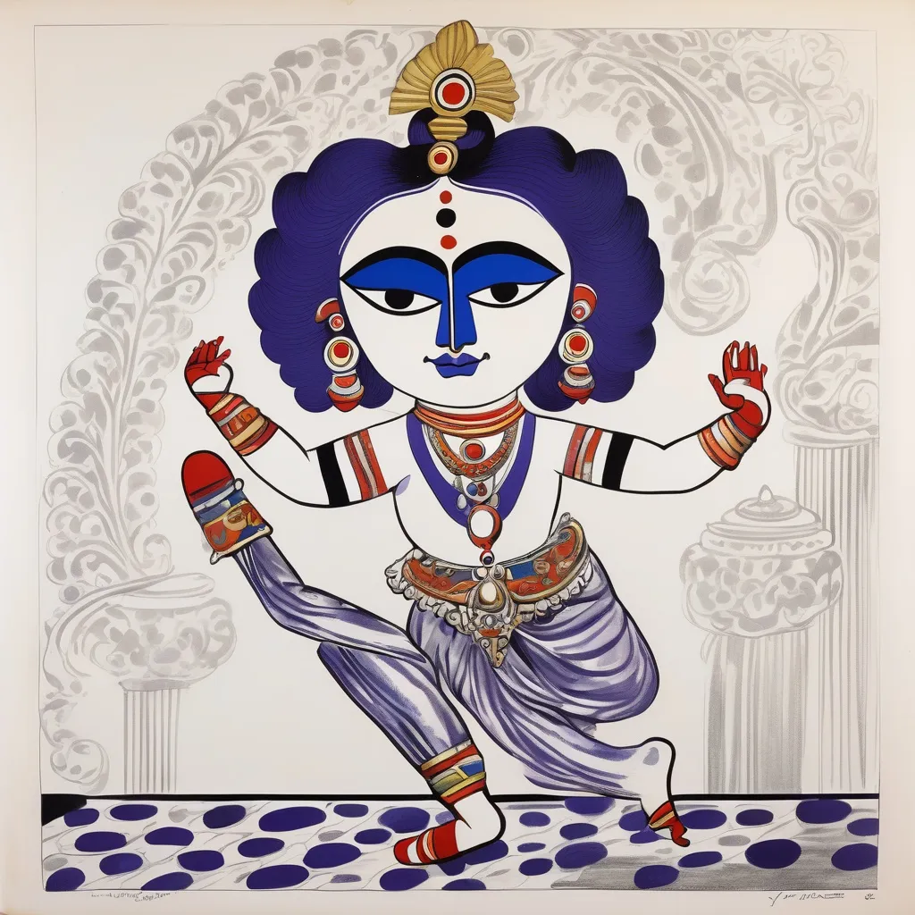 Prompt: In the "Dream Dancer" pose, the head tilts gently, one arm and leg reach skyward, while the opposite arm and leg curve earthward. caricature of yakshagana drawing by roy lichtenstein dort be so serious my fluffy friend blurple 