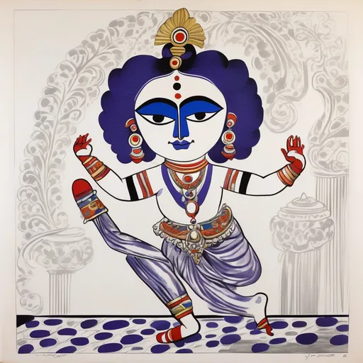 Prompt: In the "Dream Dancer" pose, the head tilts gently, one arm and leg reach skyward, while the opposite arm and leg curve earthward. caricature of yakshagana drawing by roy lichtenstein dort be so serious my fluffy friend blurple 