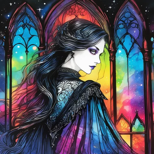 Prompt: a zentangle ferrotype portrait of In a gothic galaxy castle a vampire gazes through a window at the ethereal magic layers swirling in the vivid rainbow solar night in the style of luis royo 