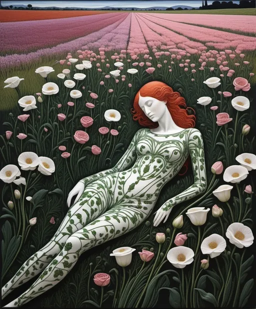 Prompt: Peeling encaustic texture, Nico Delort, Mike Peters, Paolo Uccello, the beguilling goddess of death lounges in a field of lisianthus, She inspires fear, yet we are drawn to her. Seeking her embrace and the resulting serenity. 