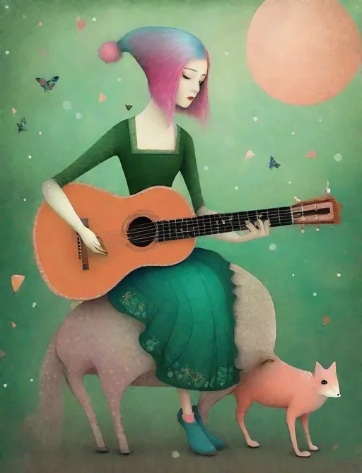 Prompt: The wandering girl wizard, with wild ombre gradient pink blue hair , plays a whimsical tune on her guitar, wearing a green and peach colored dress, STYLE: by Gabriel Pacheco, by Catrin Welz-Stein, by Kathleen Lolley, by Tara McPherson