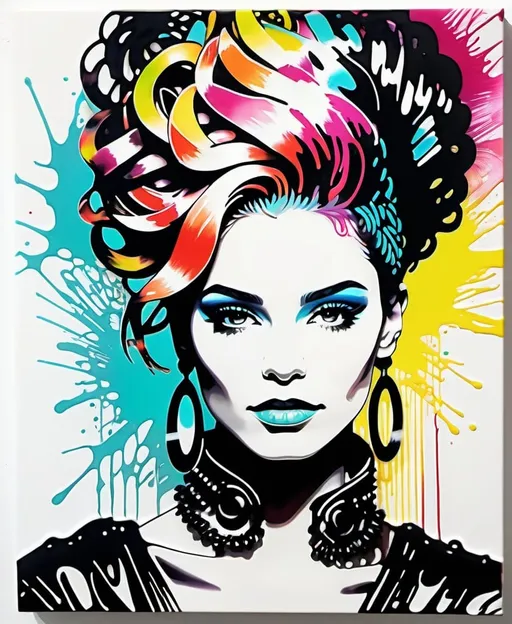 Prompt: black inking outline with luminous coloring, drawing encaustic textured surface, vibrant, colorful artwork of a woman with an elaborate, abstract hairdo and striking makeup, Carne Griffiths, Beatriz Milhazes, Android Jones, decoupage, impasto, lyco art, punk art, a pop art painting.