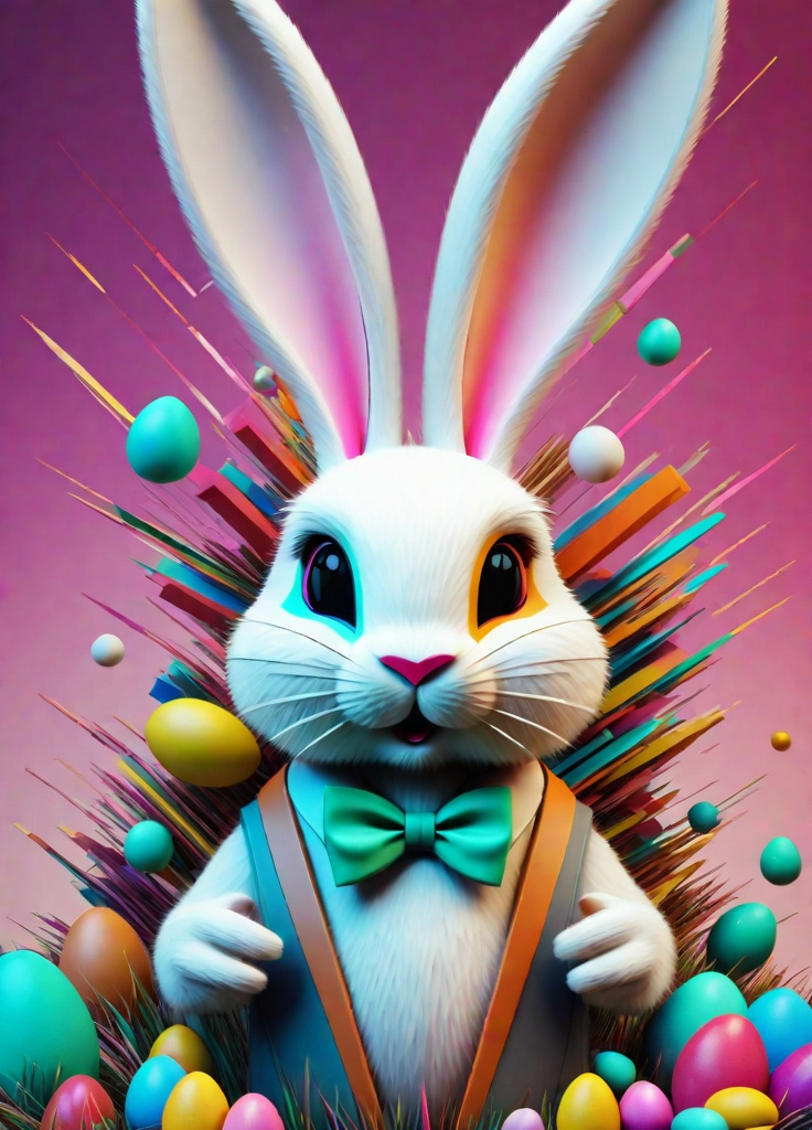 Prompt: Easter Bunny in the style of constructivist glitch art. 3d, photorealistic 