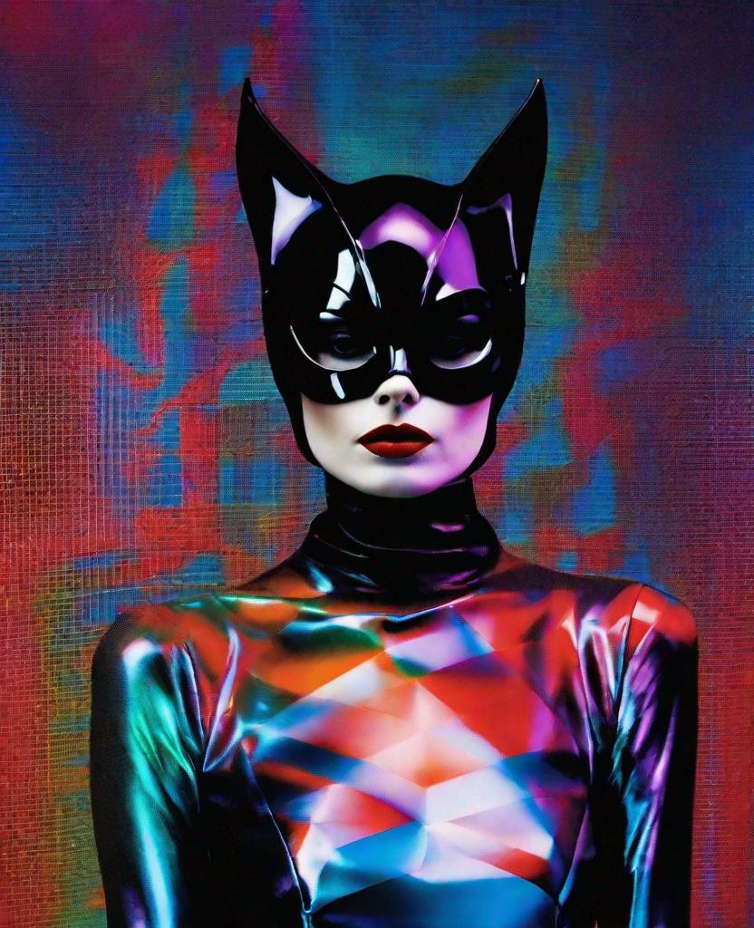 Prompt: Catwoman, Surrealism, wearing her translucent transparent photonegative refractograph costume, photography in the style of Erik Madigan Heck