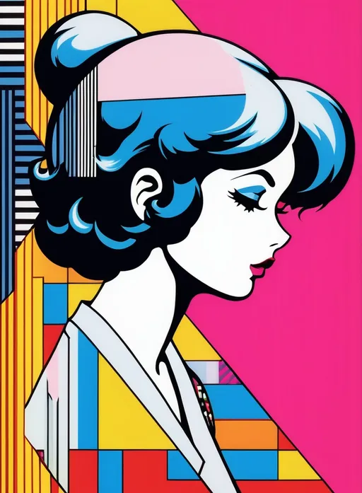 Prompt: Betty Boop in constructivist glitch art , comic style, appalachian vaporwave, side view, halftone, pointlism, by roy lichtenstein 