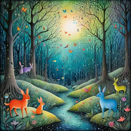Prompt: Pretty girl and beautiful creatures at a magical night forest Illustration art by Michael Leunig, Desmond Morris. 3d, Watercolor and ink, impasto, volumetric lighting, spectacular, intricate, beautiful, fantastic view, extremely detailed