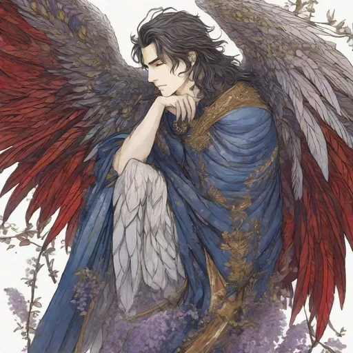 Prompt: Create a highly detailed wisteria image of a melancholic sisyphean task::4 The angel is a young man with textured, spiky dark hair, gazing downwards with a somber expression. He has large, detailed wings with feathers in shades of red, brown, and gold. His attire resembles a sleeveless, draped garment reminiscent of vintage blue denim with stud details and subtle glittering accents, akin to stardust. The background suggests an aged, textured wall in muted brown tones, with the faint outline of a tree or shrub. The lighting is soft and diffused, coming from the front left, casting gentle shadows and enhancing the contemplative mood of the scene. The composition is centered on the angel, with a focus on the intricate details of the wings and garment, contrasting against the simplicity of the background. The overall style is contemporary digital art with a touch of surrealism, aiming to evoke feelings of solitude or the burdens of being celestial.