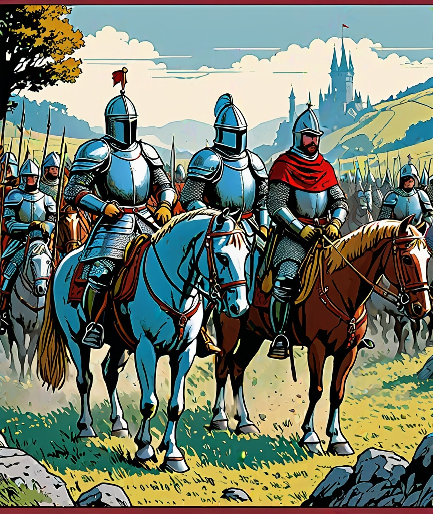 Prompt: tintin medieval grunge, comic book cover, highly detailed, full pastoral color, armor, knights, battles, royalty and rebels, herge