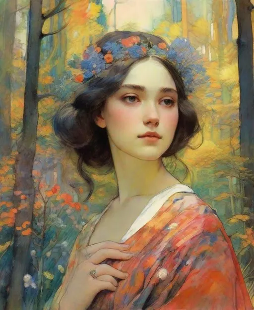 Prompt: Lovely pretty beautiful young lady, beautiful face, in a magical colorful forest in bloom Illustration art by Ferdinand Hodler, Romulo Royo, Yulia Brodskaya, Edward Julius Detmold, Paolo Roversi, Thomas Edwin Mostyn, Hiro isono, James Wilson Morrice, Axel Scheffler, Gerhard Richter, pol Ledent, Robert Ryman. Guache Impasto and volumetric lighting. Mixed media, elegant, intricate, beautiful, award winning, fantastic view, 4K 3D, high definition, hdr, focused, iridescent watercolor and ink