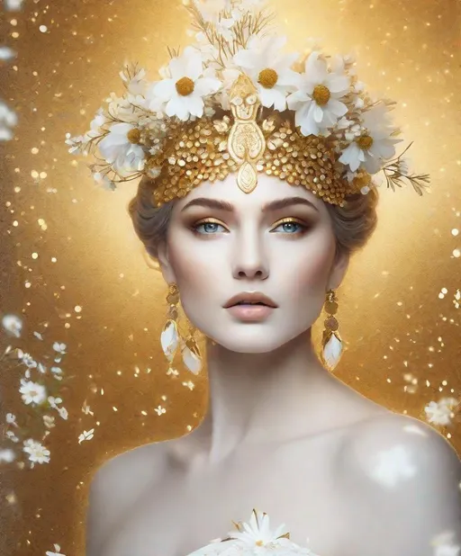 Prompt: photography of Goddess Hera against a white and gold background, realistic, portrait. Clean photo of a modern antique goddess dressed in white and gold and tiny wildflowers. Golden glitters on skin. Mythology, purity, health. Photorealistic, cinematic pose and expression. 