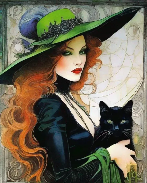 Prompt: A mesmerizing witch with pretty face and beautiful green eyes and her black cat art by Saturno Butto, Leon Bakst, Marc Allante, Charles Robinson, pol Ledent, endre penovac, Gustave Loiseau. inlay, watercolors and ink, beautiful, fantastic view, extremely detailed, intricate, best quality, highest definition, rich colours. intricate beautiful, award winning fantastic view ultra detailed, 3D high definition