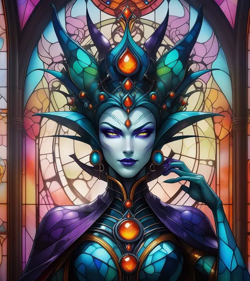 Prompt: graffiti poster with harmonic colors and organic shapes of a evil biopunk empress in tease pose, trompe l’oeil, stained glass, vortexcore, bokeh, deep perspective, depth, metamorphic, enigmatic