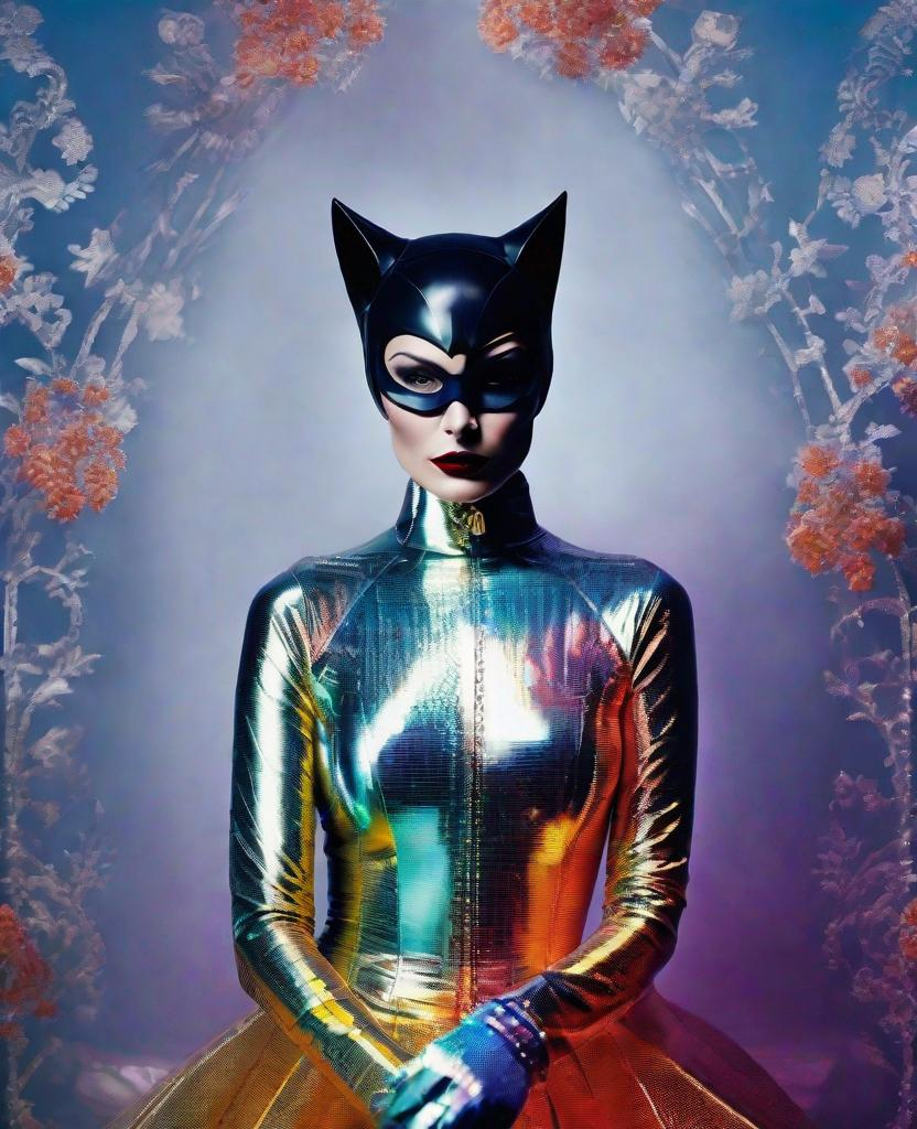 Prompt: Catwoman, Surrealism, wearing her translucent transparent photonegative refractograph costume, photography in the style of Erik Madigan Heck