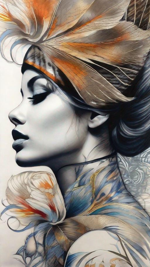 Prompt: Dazzling Female beauty Art by Gabriel Moreno, through graphic and elegant image, lines that show beauty and hide fragility, fear, ephemeron, sensuality, and tattoo lines, coursing through the skin of the figure and revealing what its beauty hides. Mixed media, Highly detailed, intricate, beautiful, high definition, fantastic view. 3d, Watercolors and Ink, intricate details, volumetric lighting