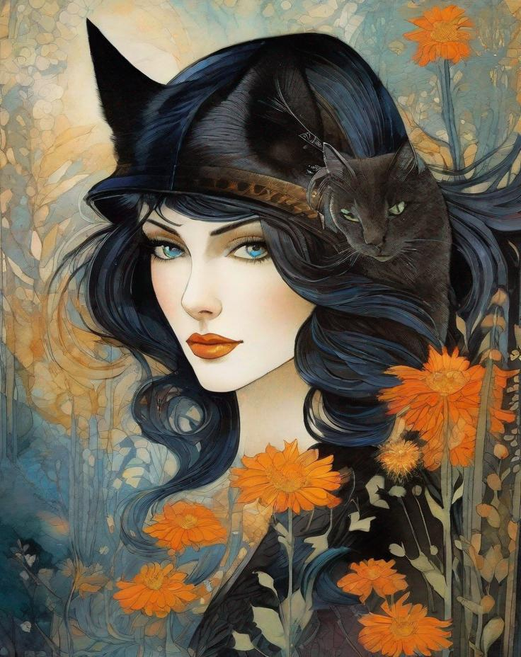 Prompt: A mesmerizing witch with pretty face, black blueish hair, and beautiful green eyes surrounded by magical flowers and her black cat art by Anna and Elena Balbusso, Marc Allante, Charles Robinson, pol Ledent. inlay, watercolors and ink, beautiful, fantastic view, extremely detailed, intricate, best quality, highest definition, rich colours. intricate beautiful, award winning fantastic view ultra detailed, 3D high definition