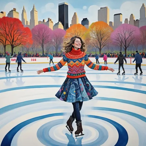 Prompt: a painting showing a woman on an ice rink in central park, figures made of swirling mist, in the style of bright colorful ugly sweater patterned patchwork, humor meets heart, chic illustrations, impressive panoramas, swirling vortexes, picassoesque, happenings 