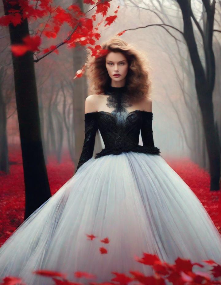 Prompt: 3/4 head shoot: A beautiful young lady, beautiful face, wearing opalescent black dress in a ghostly forest of white stem trees with red leaves, god rays through the tees, rim lighting, art by Mariano Vivanco,  Yves Saint-Laurent, Albert Watson, Thomas Edwin Mostyn, Hiro isono, James Wilson Morrice, Axel Scheffler, Gerhard Richter, pol Ledent, Robert Ryman. Guache Impasto and volumetric lighting. 3/4 portrait, Mixed media, elegant, intricate, beautiful, award winning, fantastic view, 4K 3D, high definition, hdr, focused, iridescent watercolor and ink