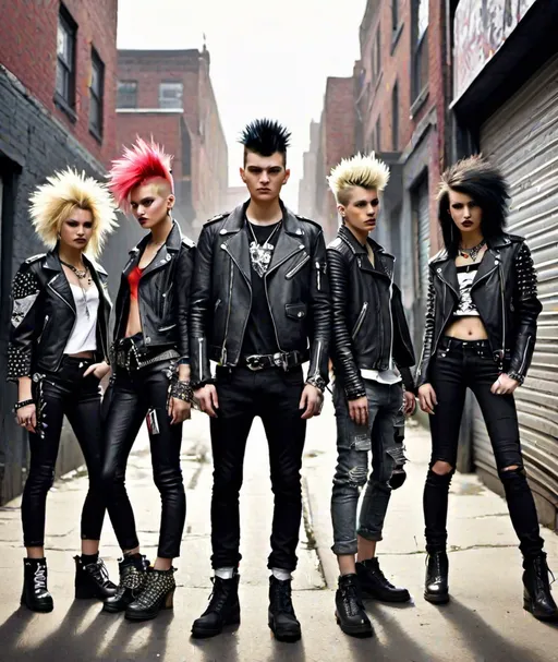 Prompt: A gritty urban alleyway serves as a backdrop for a group of individuals flaunting bold punk fashion. Their sartorial choices rebel against convention, featuring leather jackets, spiked accessories, and DIY embellishments. The illustration captures the raw energy and defiant spirit of punk culture, with each character exuding confidence and individuality. This artwork is a tribute to punk's enduring influence on fashion and its challenge to societal norms.