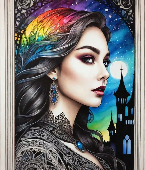 Prompt: a zentangle ferrotype portrait of In a gothic galaxy castle a vampire gazes through a window at the ethereal magic layers swirling in the vivid rainbow solar night in the style of Melanie Delon,  Victoria Francés, Rebeca Saray, Lin Fengmian, Anna dittmann, Justin Gaffrey, Michael Creese