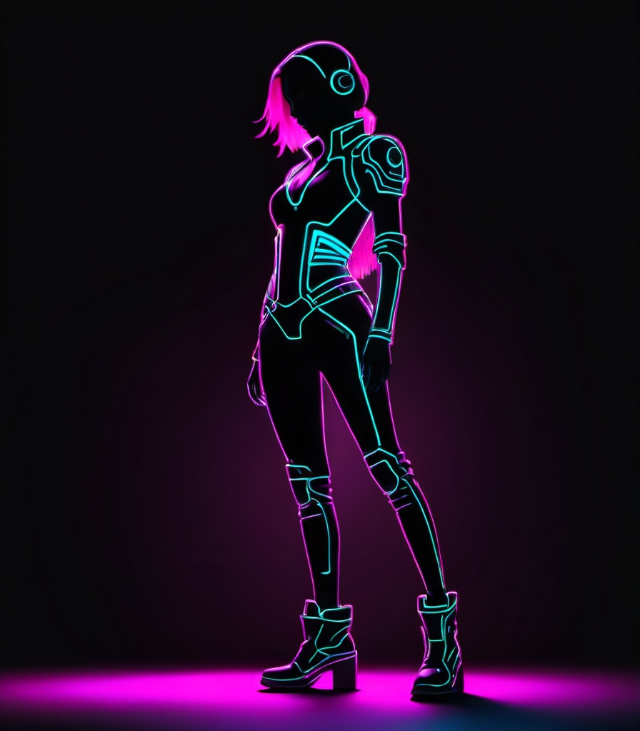 Prompt: outline neon silhouette of a cyberpunk woman full-body modelling pose on black background, minimalist 
