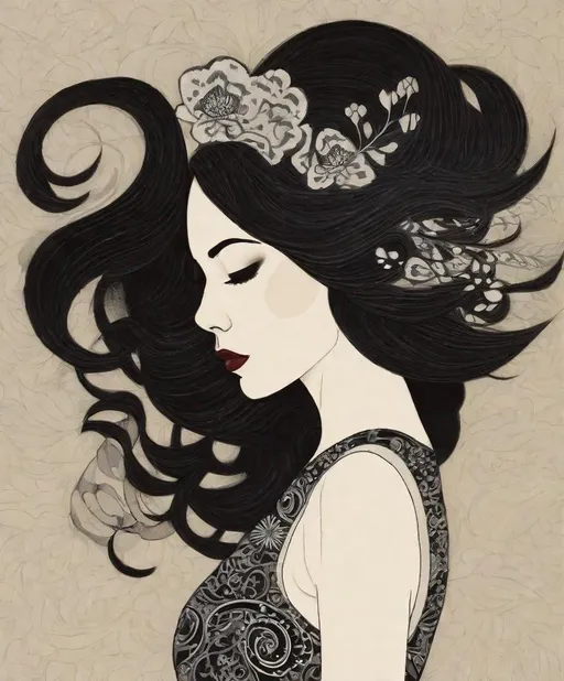 Prompt: The beautiful young lady with blowing hair illustration art by Amy Earles, Tristan Eaton. Extremely detailed, intricate, beautiful. 
