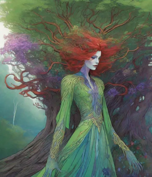 Prompt: anthropomorphic green tree lady, colorful roots grow like veins all over her body with blue and purple flowers, wild red branches grow from her head like a hair, grey eyes concept art by Glen Orbik, Ida Rentoul Outhwaite , tom bagshaw, Millie Marotta, Jackie Morris, Javier Mariscal, Jane Newland, closeup, whimsical forest background , magical night, surreal dreamlike portrait, fantasy, imaginative, beautiful, colorful, extremely detailed, intricate, lovely, award winning fantastic