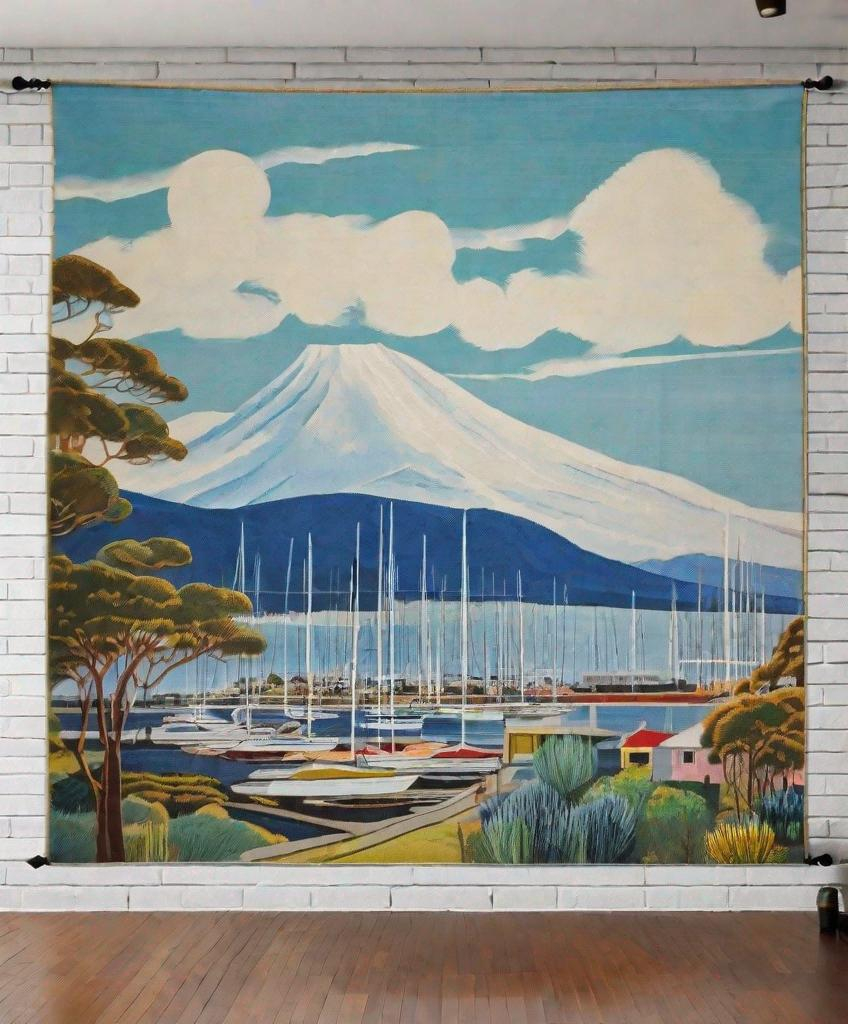 Prompt: garage sale tapestry depicting Hobart harbour with view of mount wellington , mid century modern by hilma af klint 