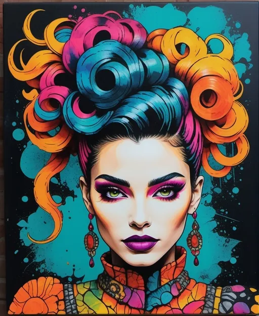 Prompt: Gritty texture, A vibrant, colorful artwork of a woman with an elaborate, abstract hairdo and striking makeup, black inking outline with vibrant coloring,  Android Jones, decoupage, impasto, encaustic texture 