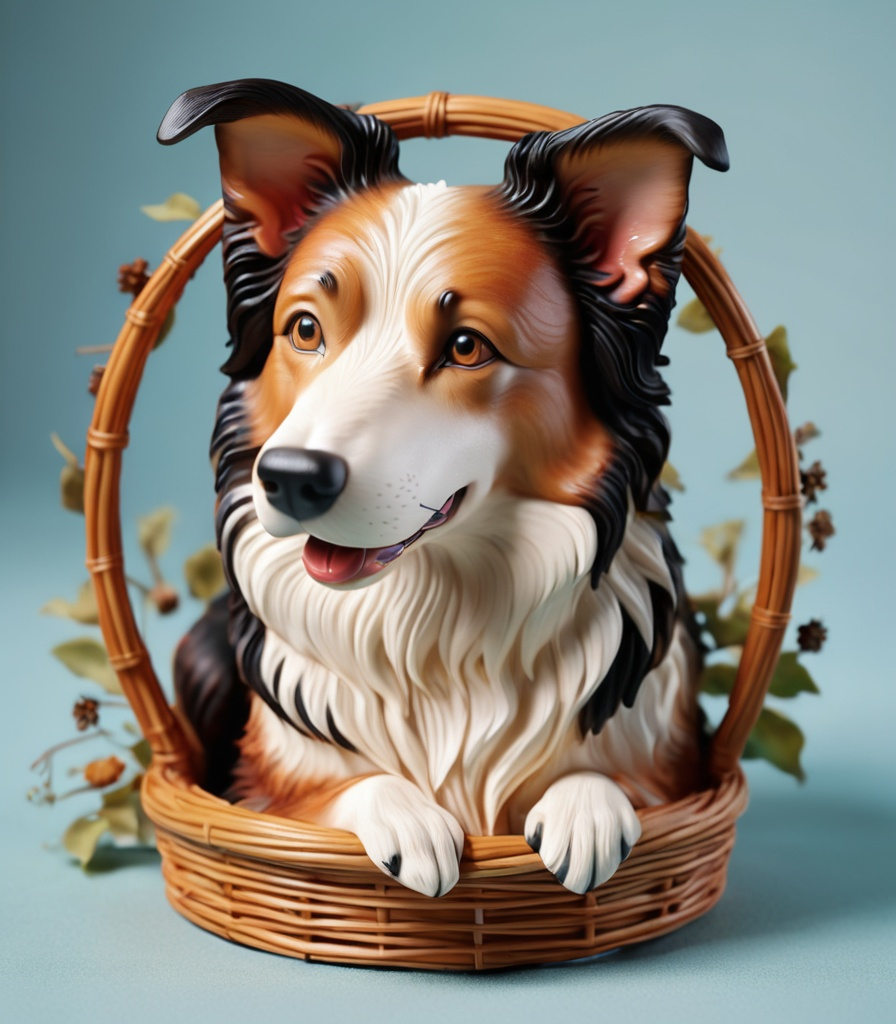 Prompt: rattan border collie, extremely detailed, beautiful, 3d.