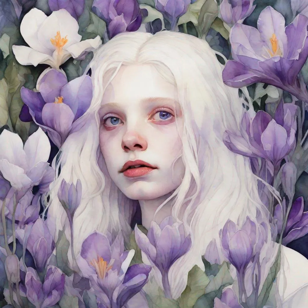 Prompt: hypermaximalist watercolor white-haired albino girl tangled in purple nightshade crocus lilac violet flowers pale skin beautiful violet eyes 