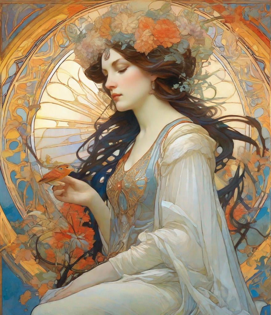 Prompt: symphonic sorceress, gorgeous, glamours, radial energy, sapphic show, james jean, alphonse mucha, William - Adolphe Bouguereau