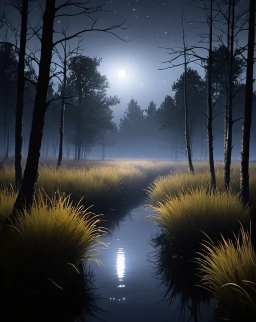Prompt: In folklore, a will-o'-the-wisp, will-o'-wisp, or ignis fatuus, is an atmospheric ghost light seen by travellers at night, especially over bogs, swamps or marshes. 